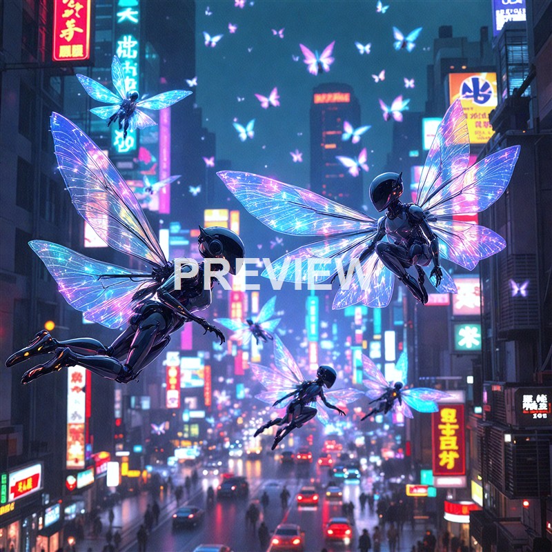 The image depicts a futuristic city street at night with flying humanoid robots that have glowing, translucent fairy-like wings, illuminated by vibrant neon signs and advertisements.